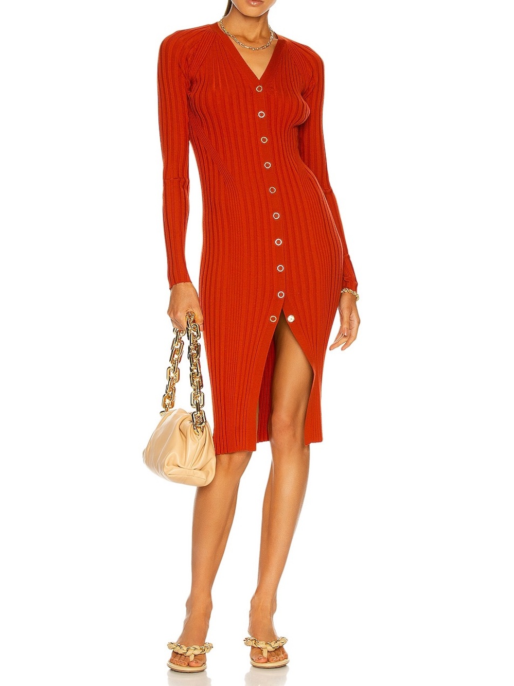 Dion Lee Merino Wool Cardigan Sweater Dress in Rust Red Size XS